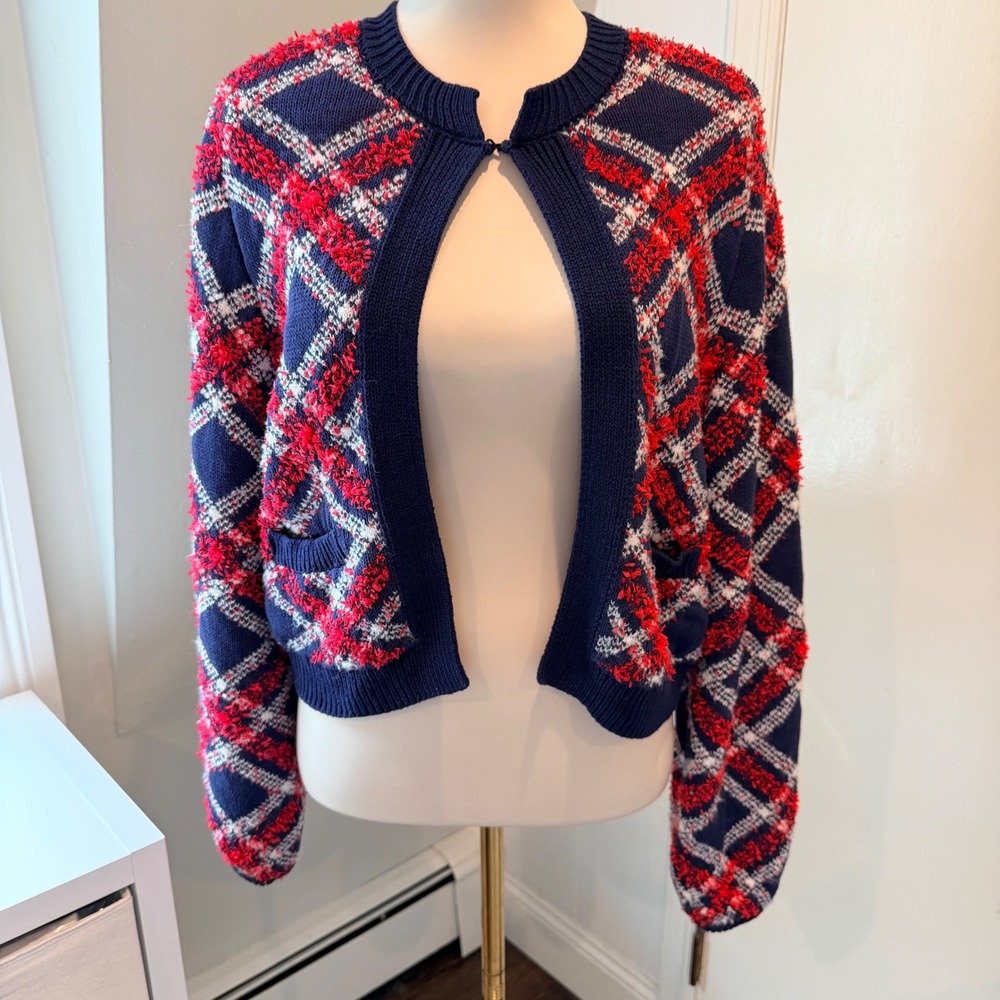 Aerie Navy Red Plaid Eyelash Knit Cardigan Sweater JLS855NM | Size S